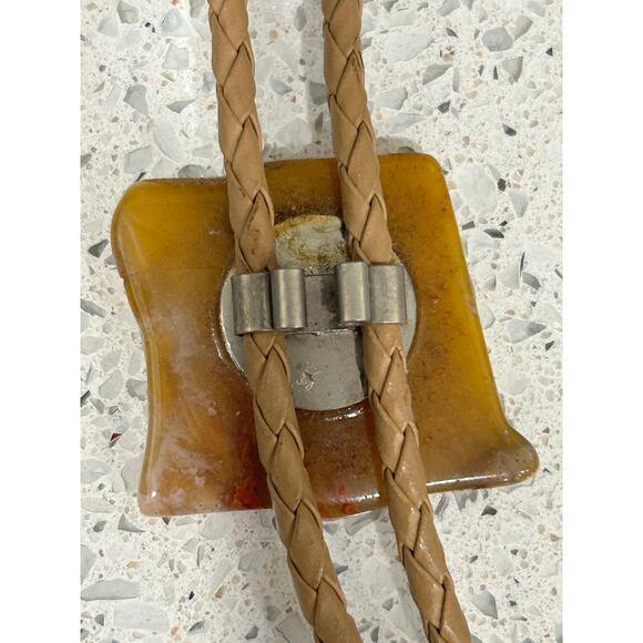 Vtg BOLO Neck Tie-Polished Topaz Color Stone-Cream Braided Leather/Silver Tips - Picture 4 of 6